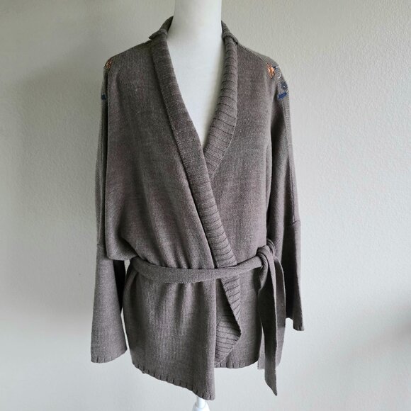 MARCIANO Sweater Cardigan Embroidered Bird Floral Long Sleeve Tie Belt Size M L - Picture 2 of 8